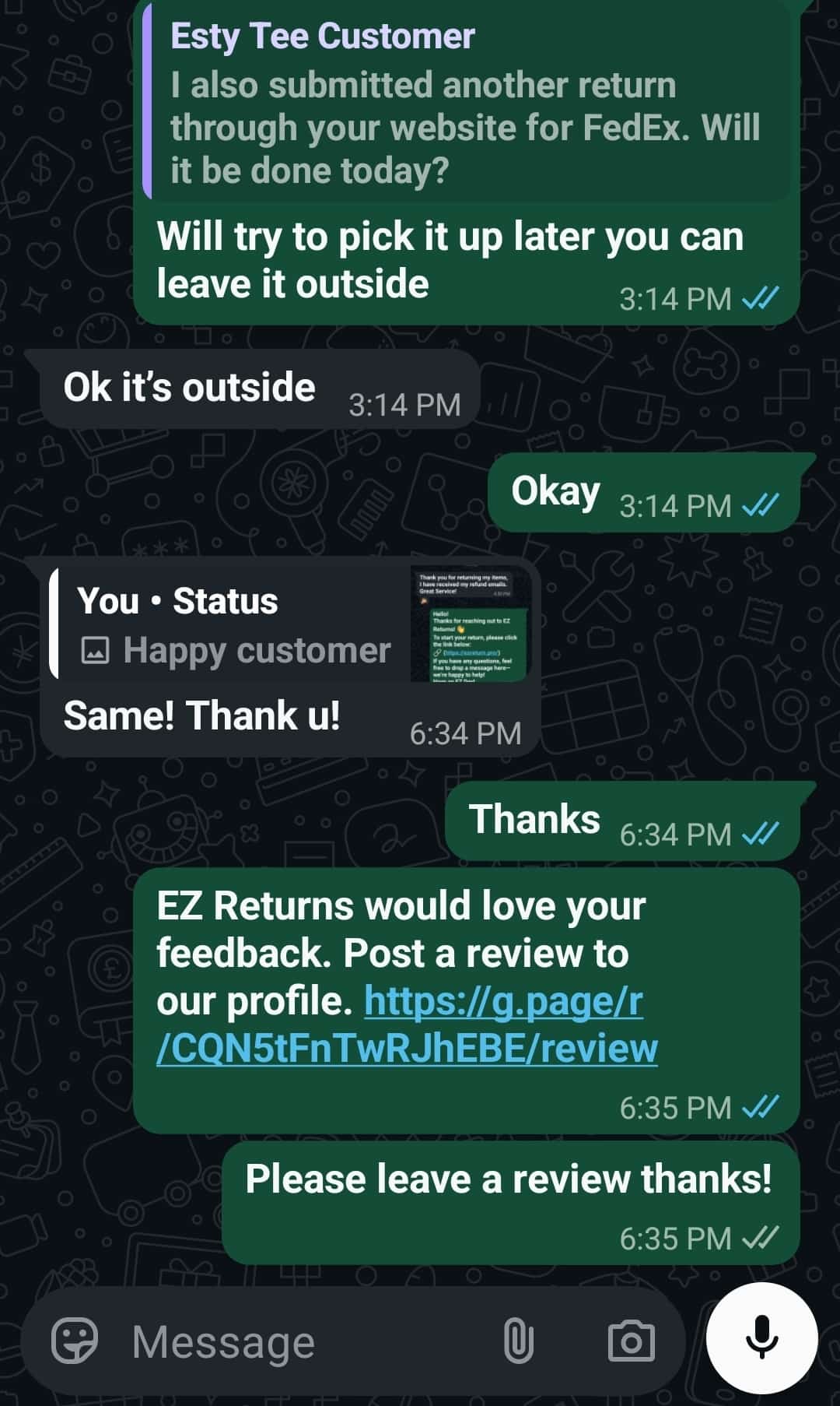 Status update image from Ez return