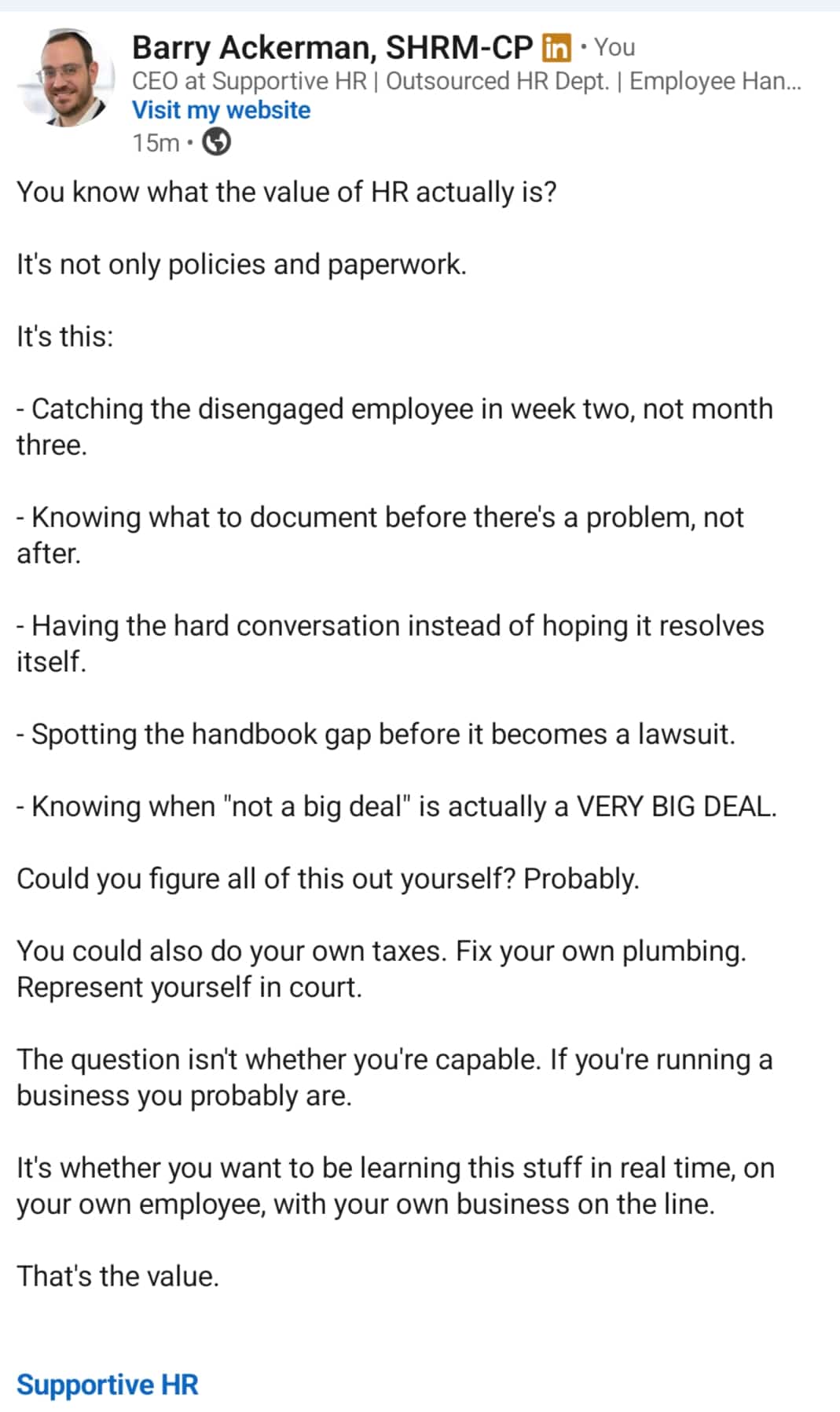 Status update image from Barry Ackerman Supportive HR
