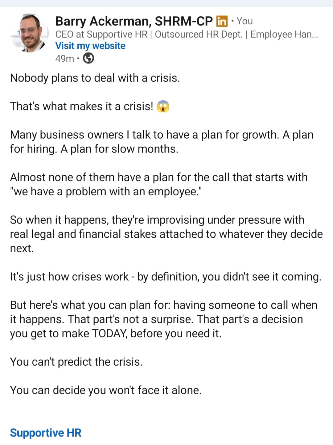 Status update image from Barry Ackerman Supportive HR