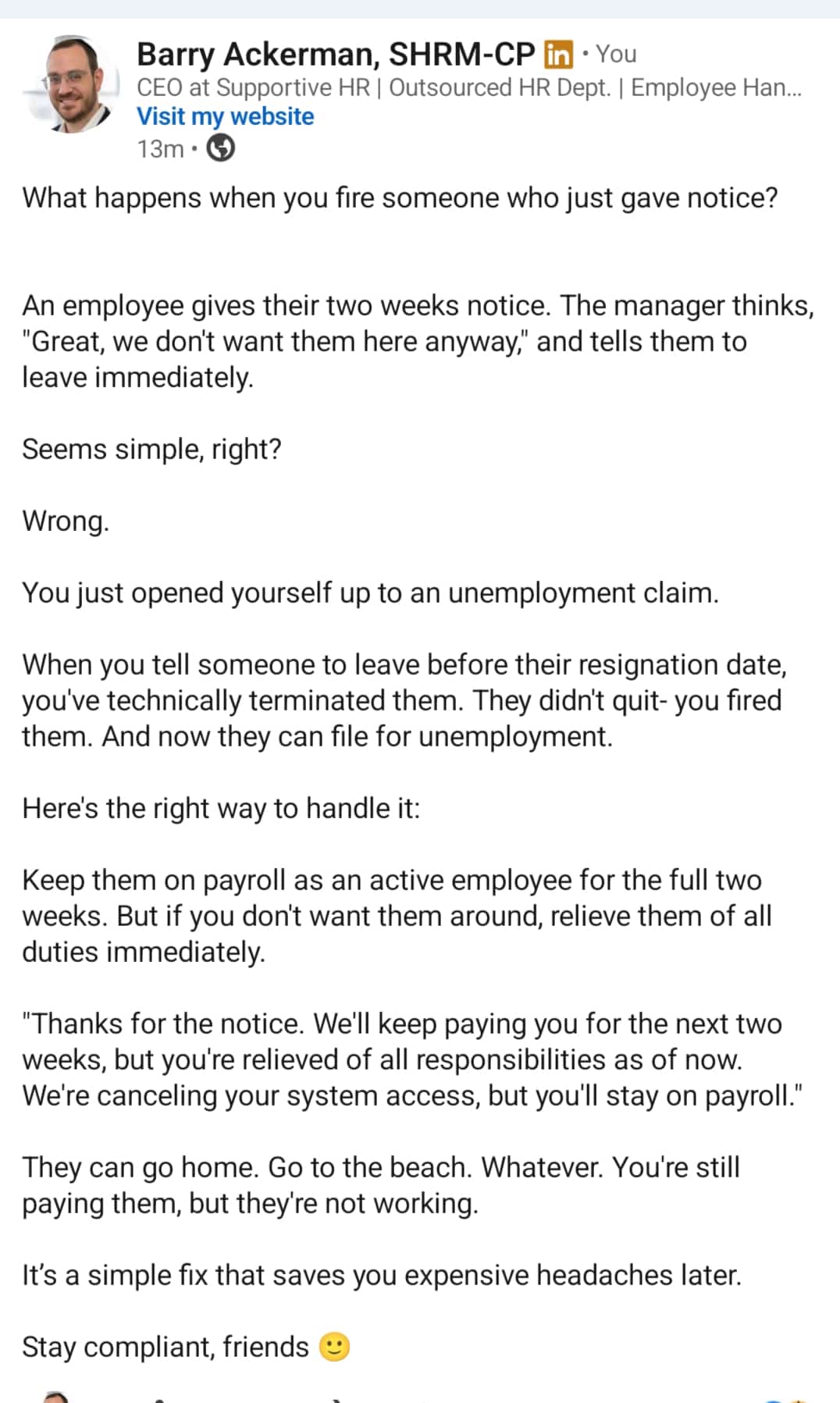 Status update image from Barry Ackerman Supportive HR