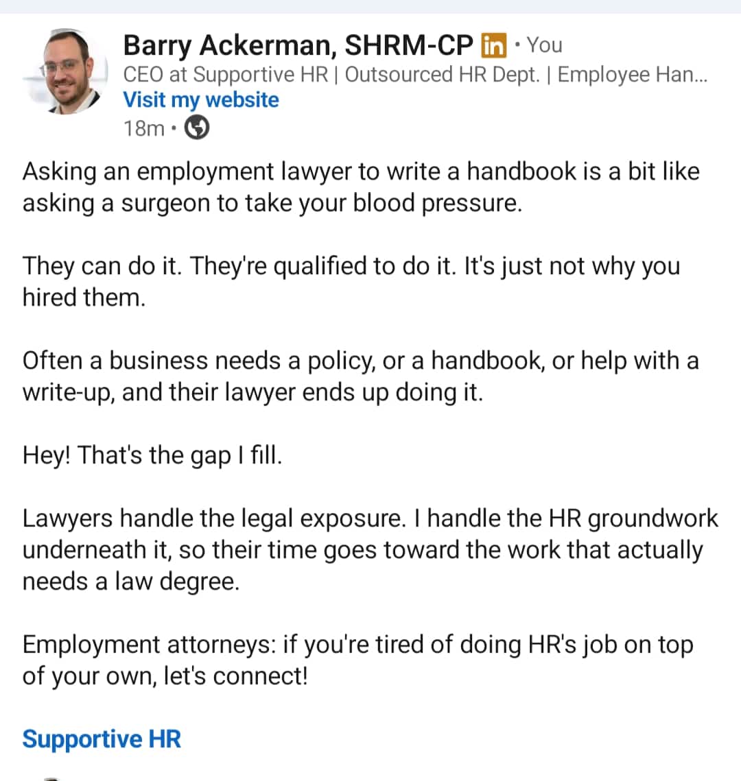 Status update image from Barry Ackerman Supportive HR