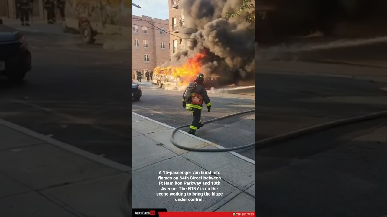 15-passenger van burst into flames on 64th Street