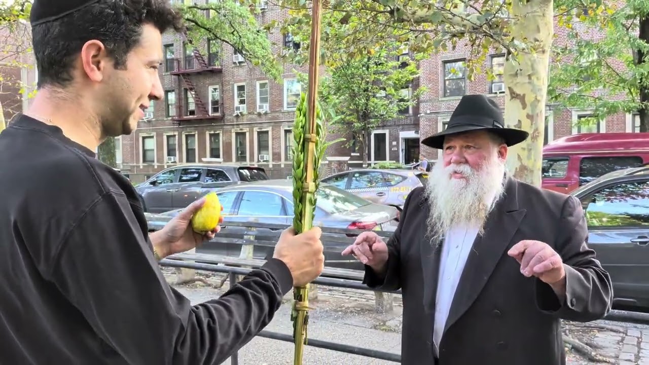 #7 Rabbi Dalfin on Brooklyn Street, Ocean Pkwy & 18 Ave, greeting people with Sukkos Lulav & Esrog