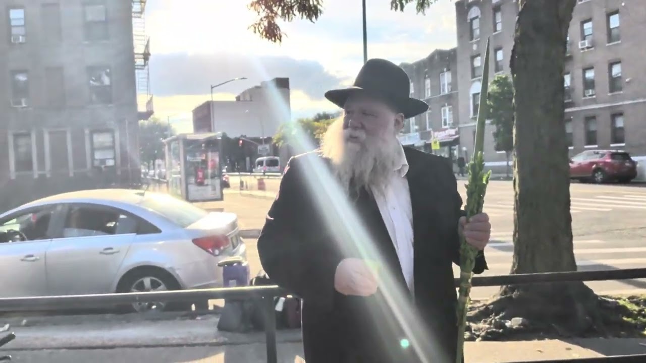 Rabbi Dalfin on Brooklyn Street, Ocean Pkwy & 18 Ave, greeting people with Sukkos Lulav & Esrog #6