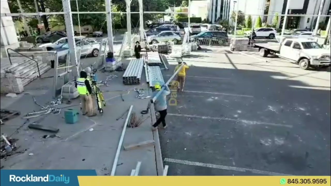 The dismantling of the massive tent outside the Beis Medrash Hagadol in Skver is underway