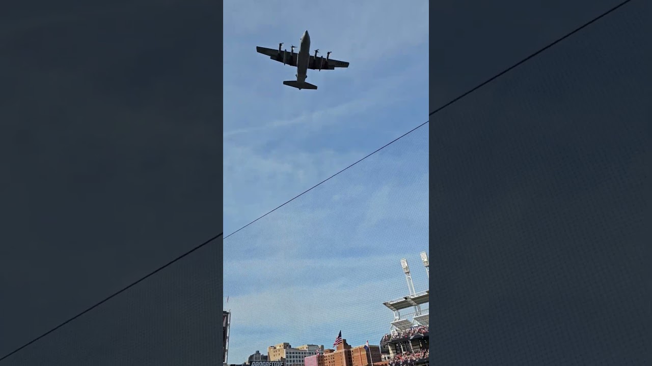 Lockheed C-130 Hercules flies over Progressive Field on 4/8/24