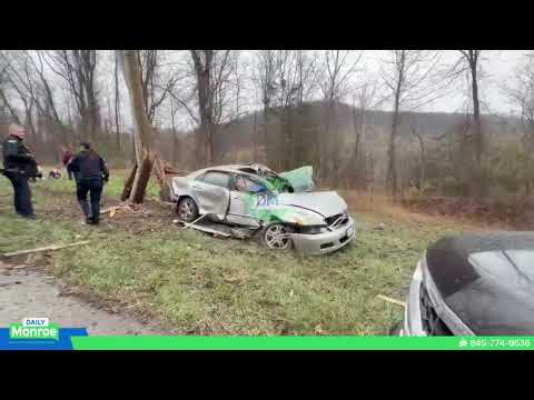 A car traveling at high speed crashed into a utility pole on Route 32 near Sweet Clover Road