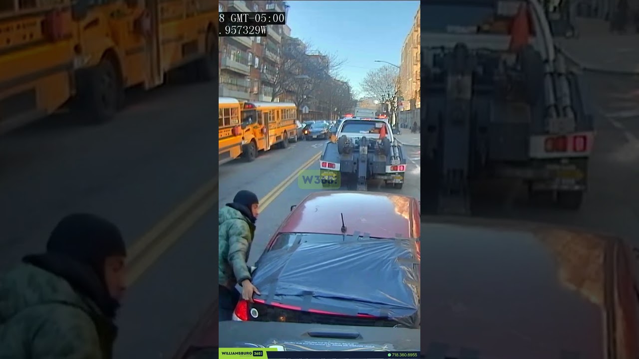 Car Fell Off A Tow Truck & Flew Backward Into A School Bus Driving Behind It