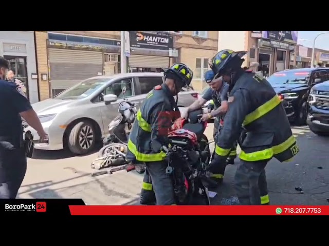 A crash involving a motorcycle, a moped, and a car occured on McDonald Ave and Quentin Rd