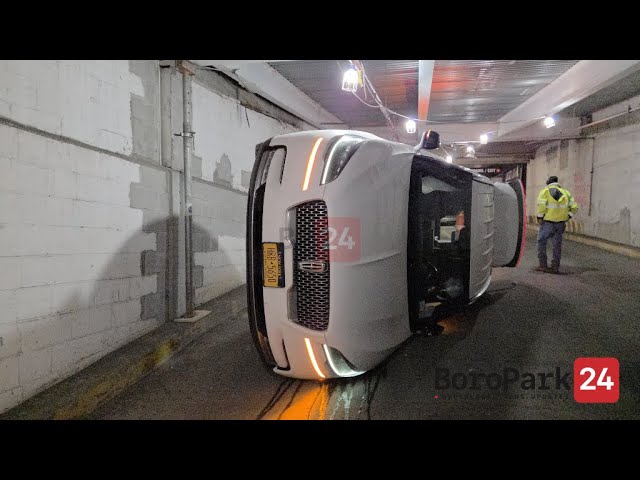 Chaverim's ESU flips car in Bingo parking lot after ESU was unable to enter due to the low ceiling.