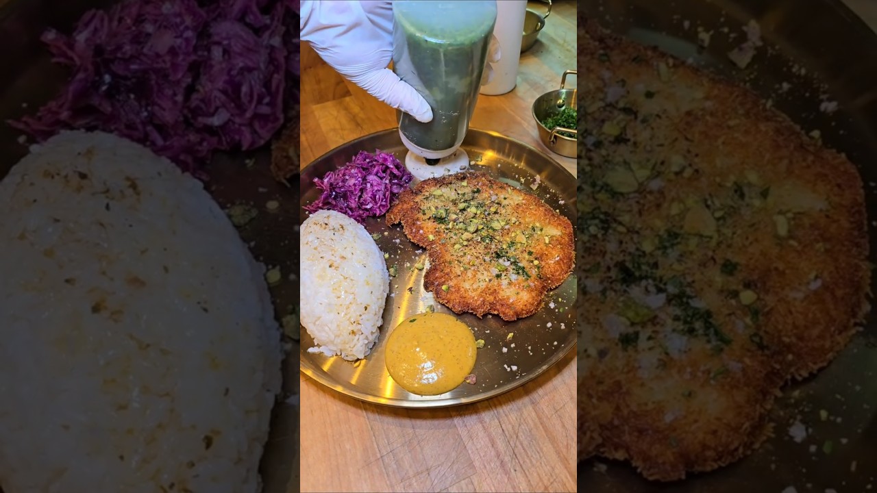 New dish at Agripas Street – Dubai Schnitzel plate with crispy knafeh and pistachios!