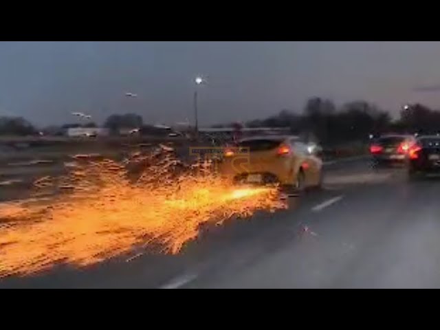 Car releases trail of sparks as it strikes guardrail on the GSP