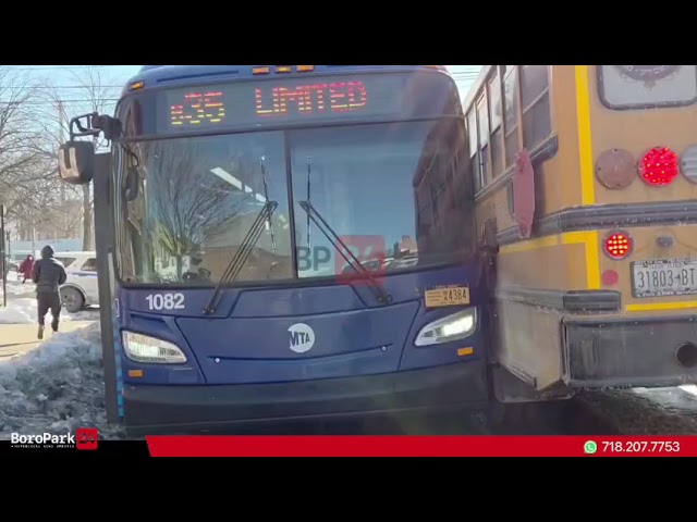 School bus swerved into a city bus due to a water main break and ice buildup
