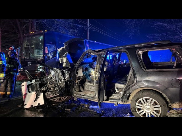 A head-on collision occurred on Saddle River Road involving a car & a bus & extrication was required