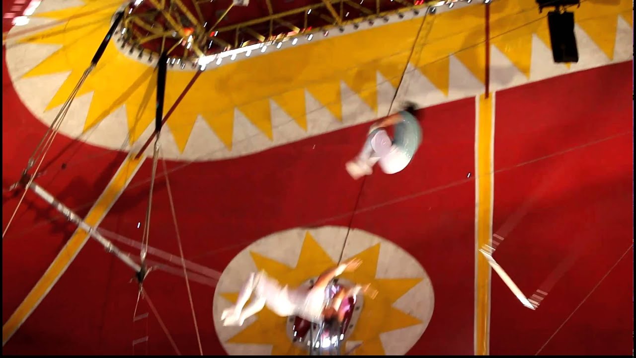 Oops! Trapeze guys in circus miss the cue and fall